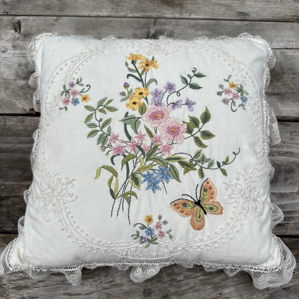 Vintage Williamsburg Pink Rose Butterfly Needlepoint Pillow Flowers